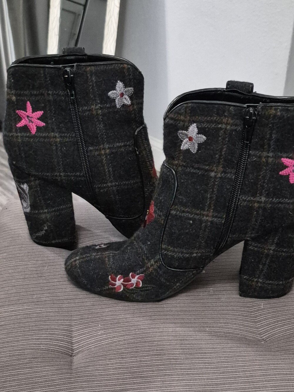 Indigo Rd "Juke" Y2k Embroidered Floral Plaid Heeled Ankle Boots